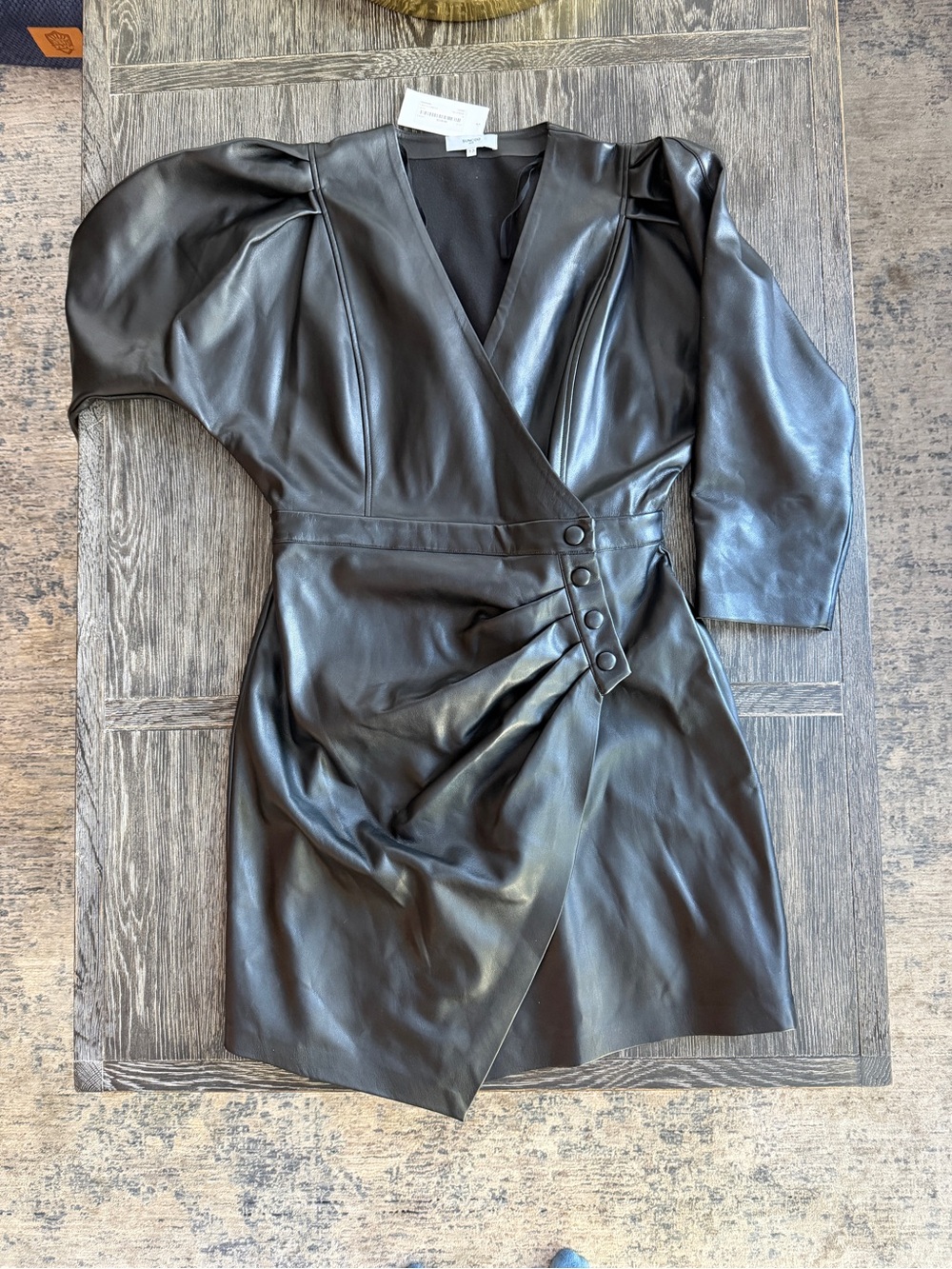 SUNCOO Black Faux Leather Wrap Dress